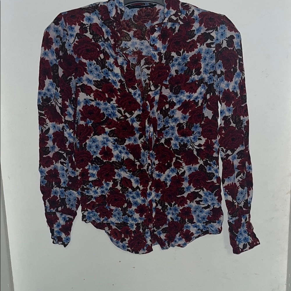 Zara Red and Blue Long Sleeve Blouse with Mandarin Collar